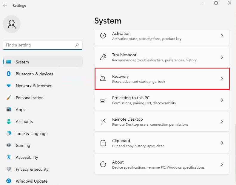 recovery option in system settings