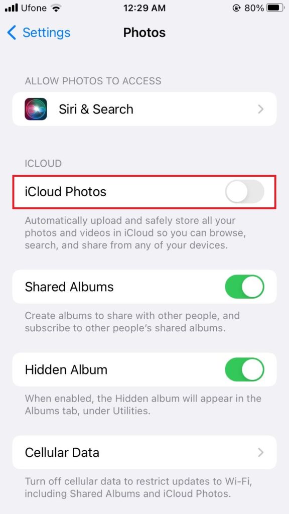 icloud photos option in photos settings
