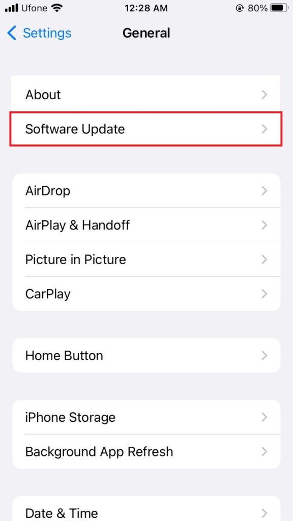 software update in general settings