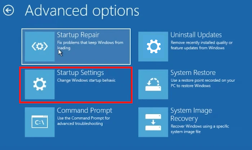 startup settings in advanced options
