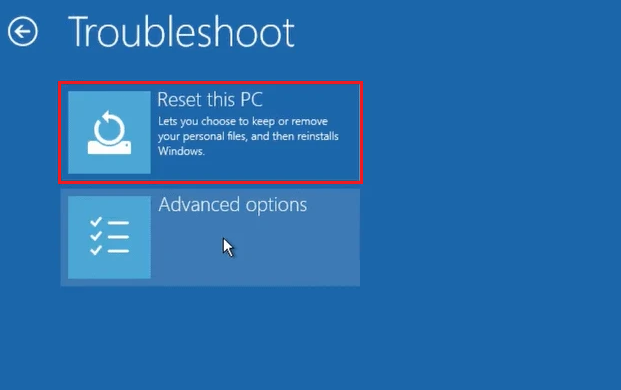 reset this pc option in troubleshoot