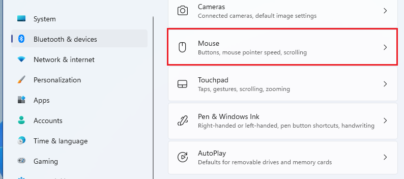 mouse in windows settings