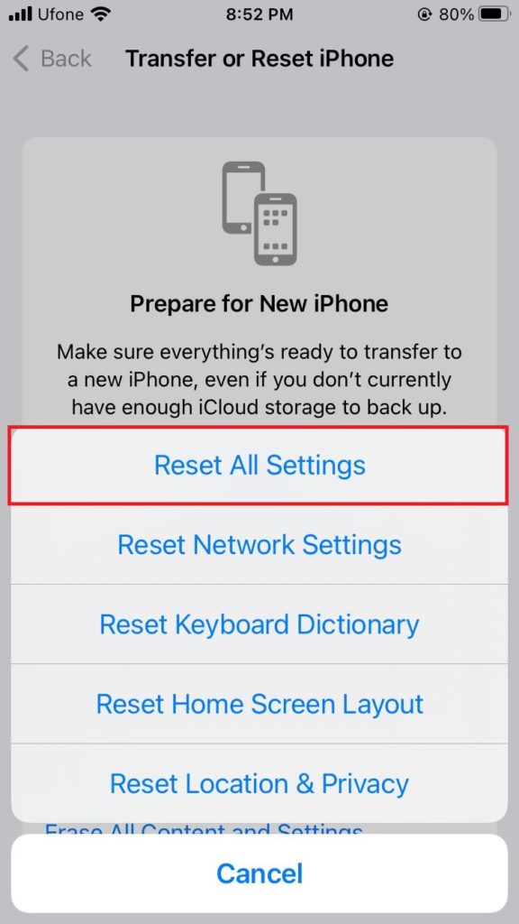 reset all settings in iPhone