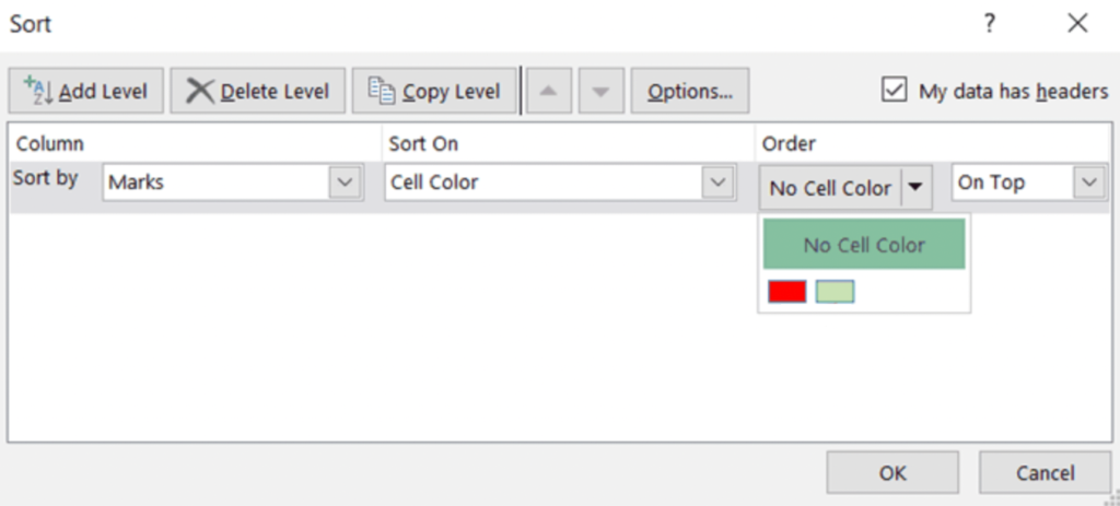 sort by cell color not working on excel