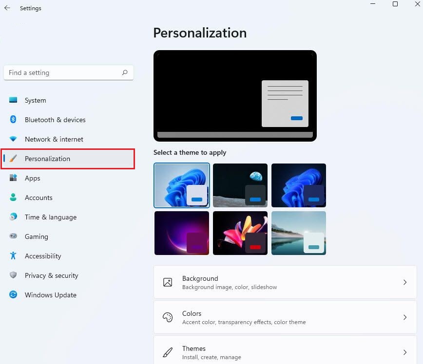 personalization in windows settings