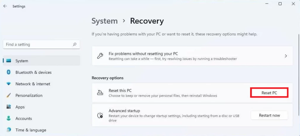 recovery in windows settings