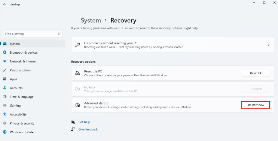 recovery in system settings