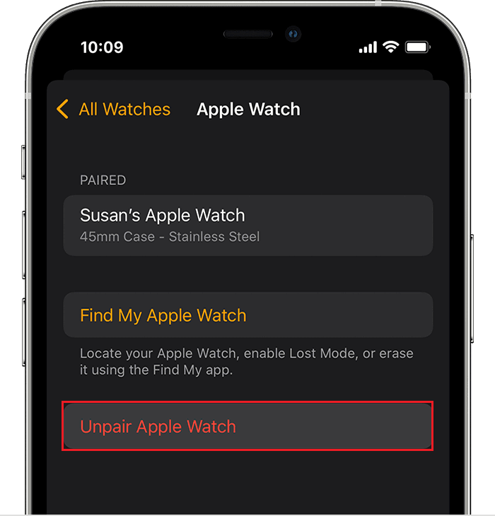 Unpair Apple Watch on Watch app