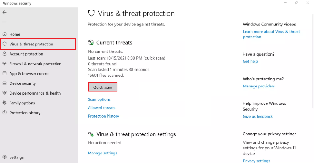 quick scan in virus & threat protection