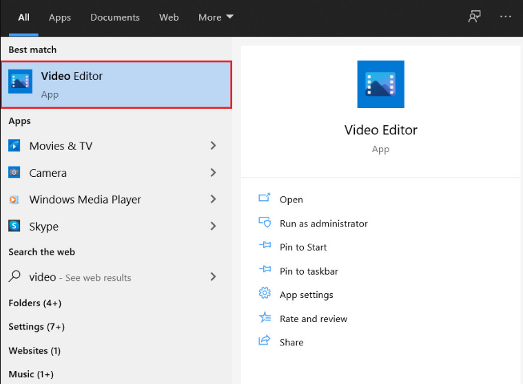 Video editor app in start menu