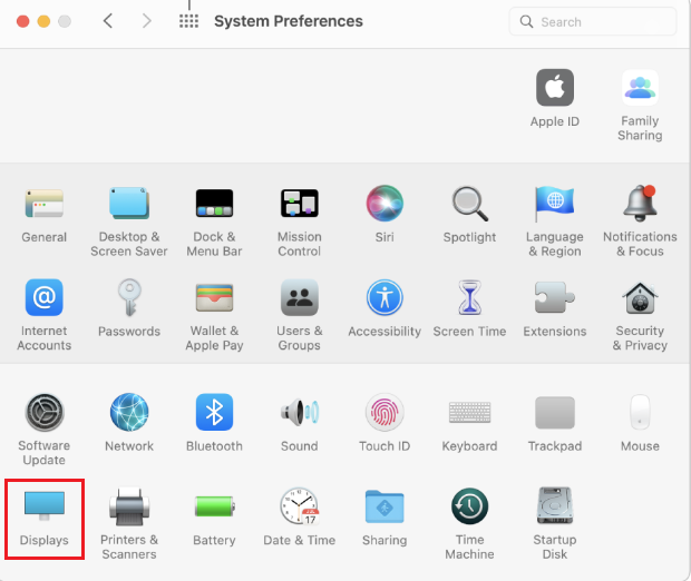 displays in system preferences