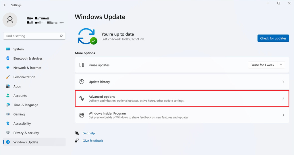 Windows settings advanced options