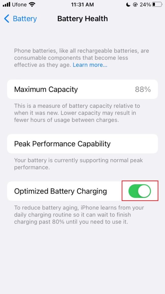 Disable Optimized Battery Charging