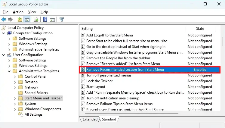 Remove Recommended from Start Menu on Windows 11