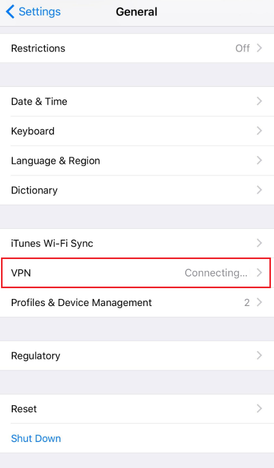 VPN in iphone general setting