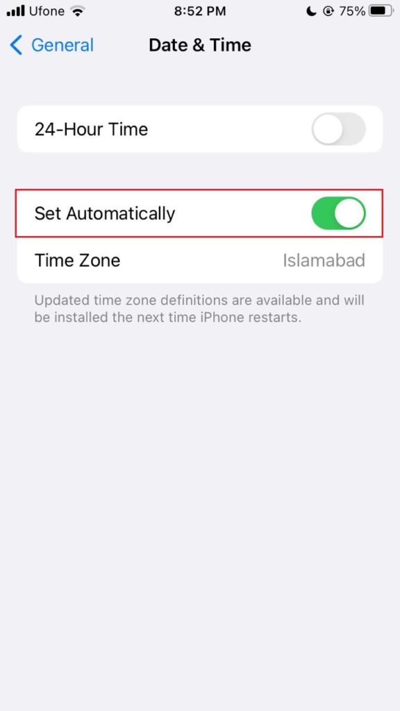set automatically in date & time settings