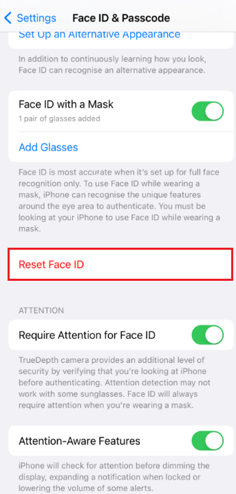 reset face ID on iphone setting