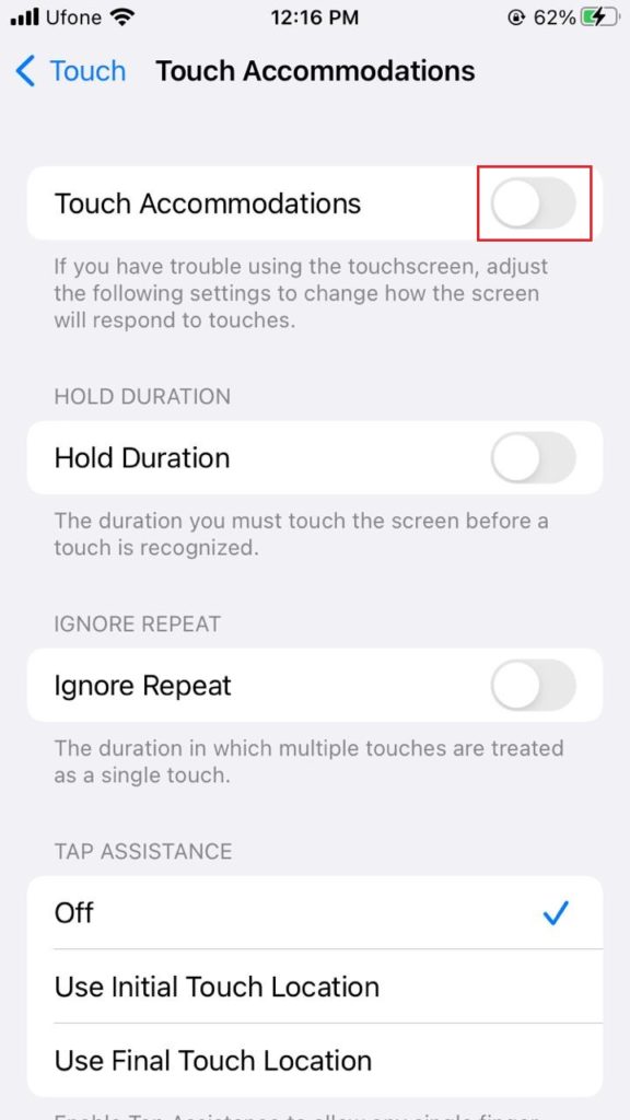 disable Touch Accommodations