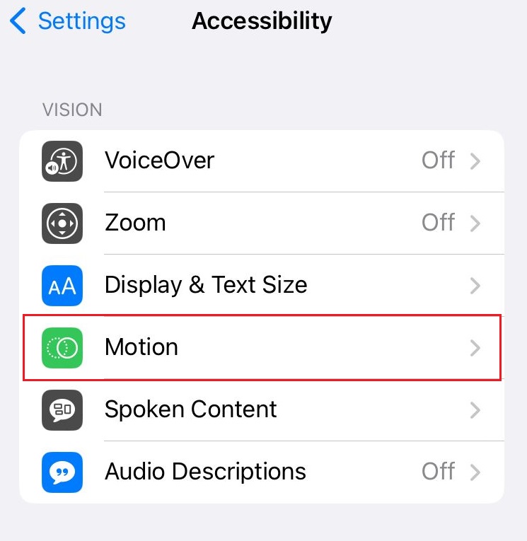 motion in accessibility setting