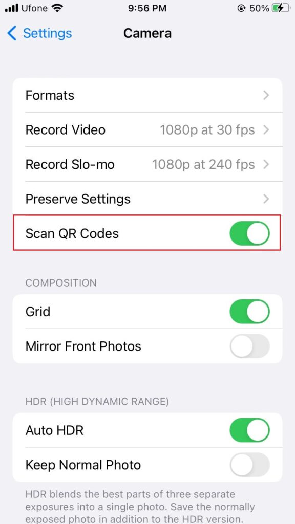 scan QR codes option