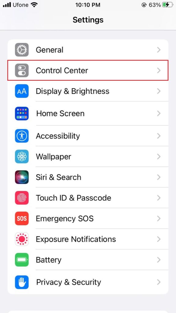 control center in iphone settings