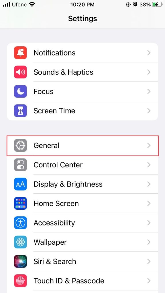 general in iphone settings