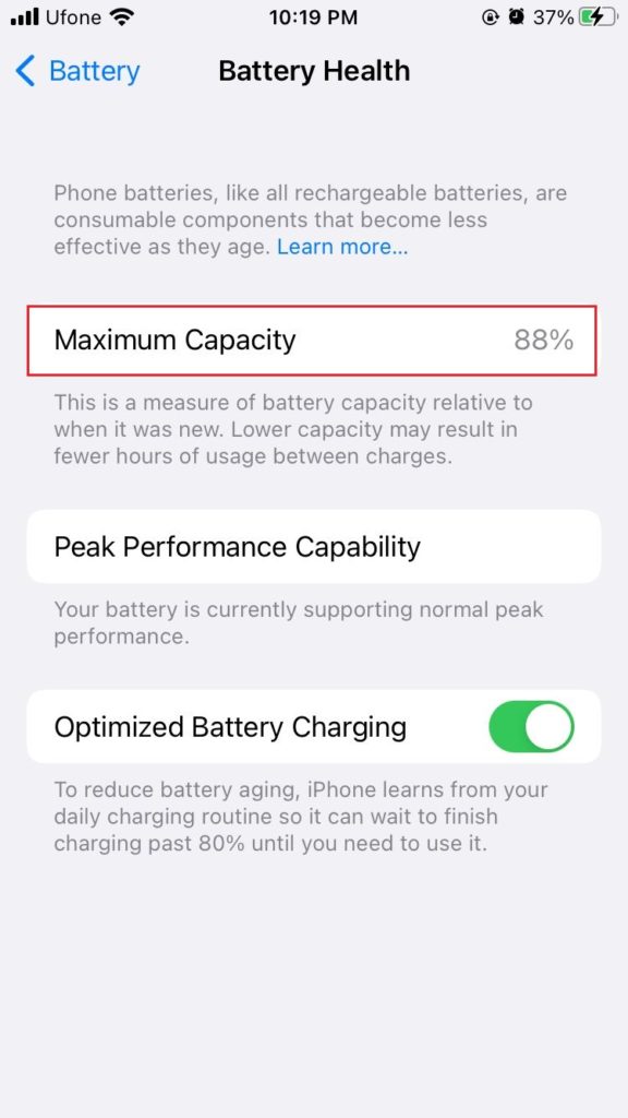 maximum capacity iphone setting