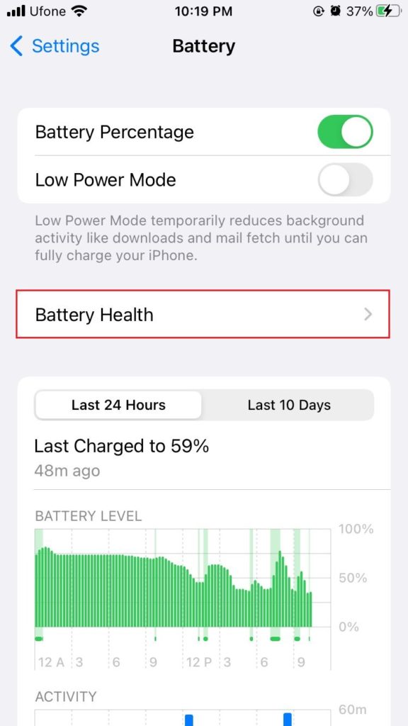 battery health in battery settings