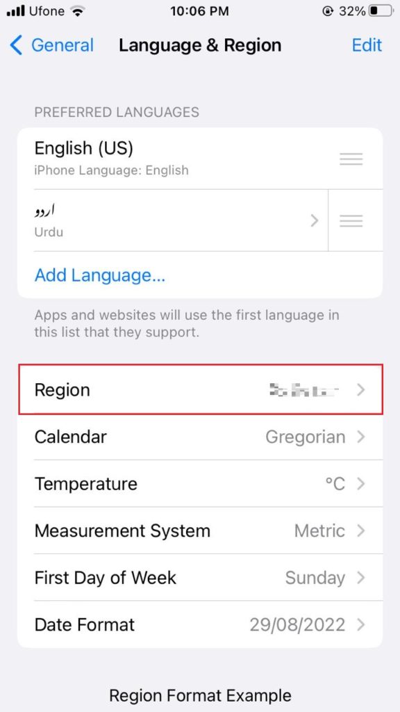 Language & Region settings iPhone
