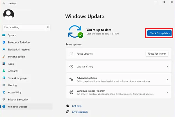 windows check for updates option