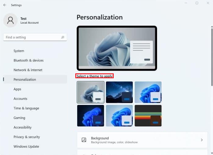 personalization in windows settings