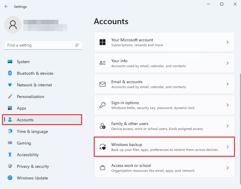 Windows backup in accounts setting