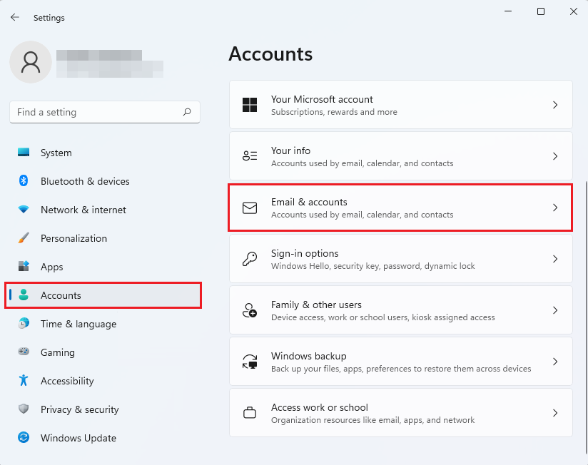email & accounts in accounts setting windows