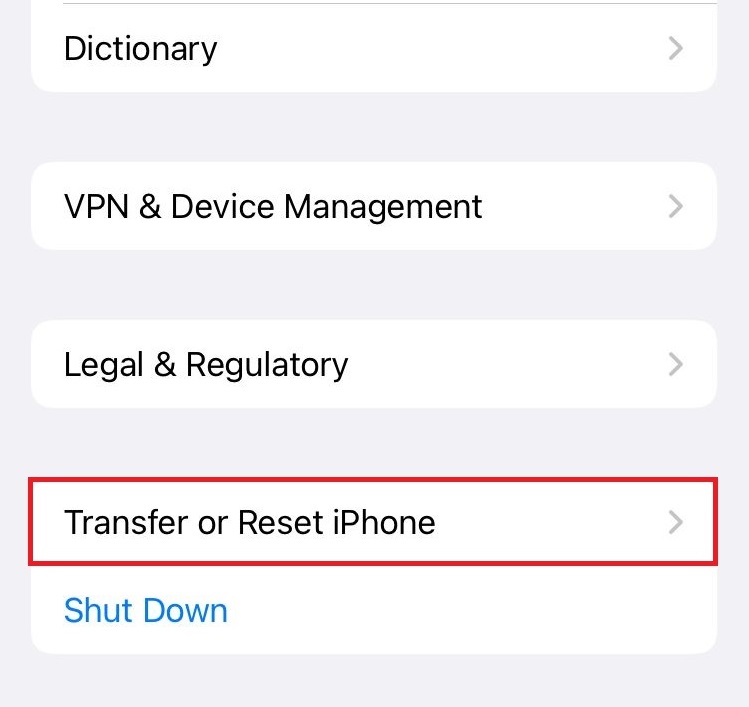 transfer or reset iphone in general setting