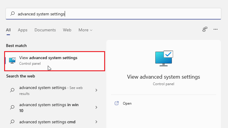 View advanced system settings Windows 11