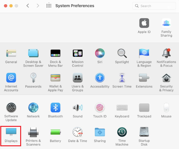 displays in system preferences