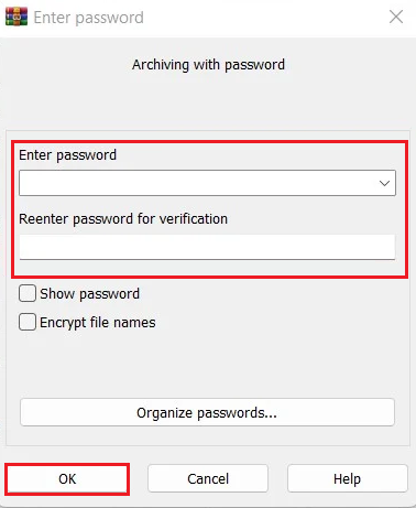 archiving with password WinRAR