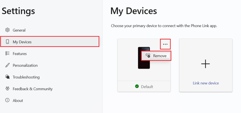 my devices settings in phone link app