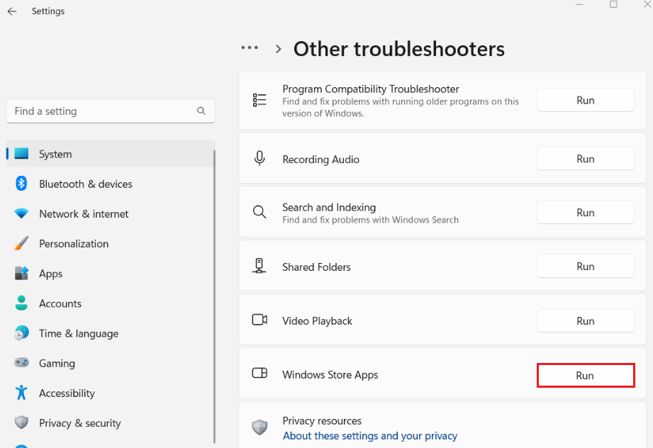 run Windows store apps troubleshooter