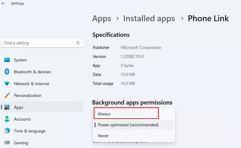 Allow background apps permissions for phone link app
