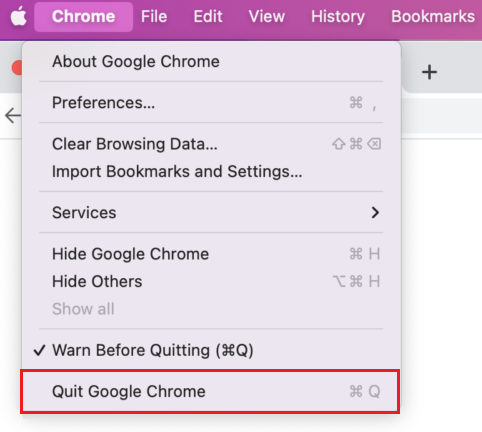 quit google chrome option