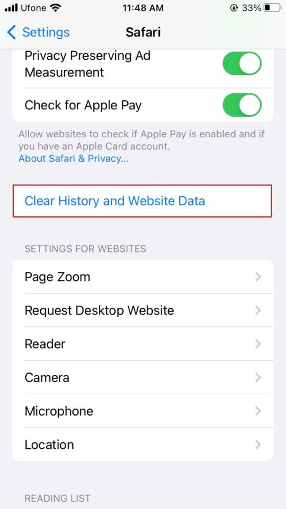 clear history and website data iphone