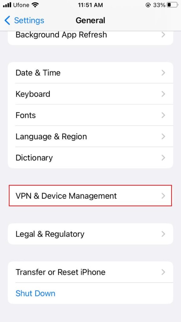 vpn & device management setting iphone