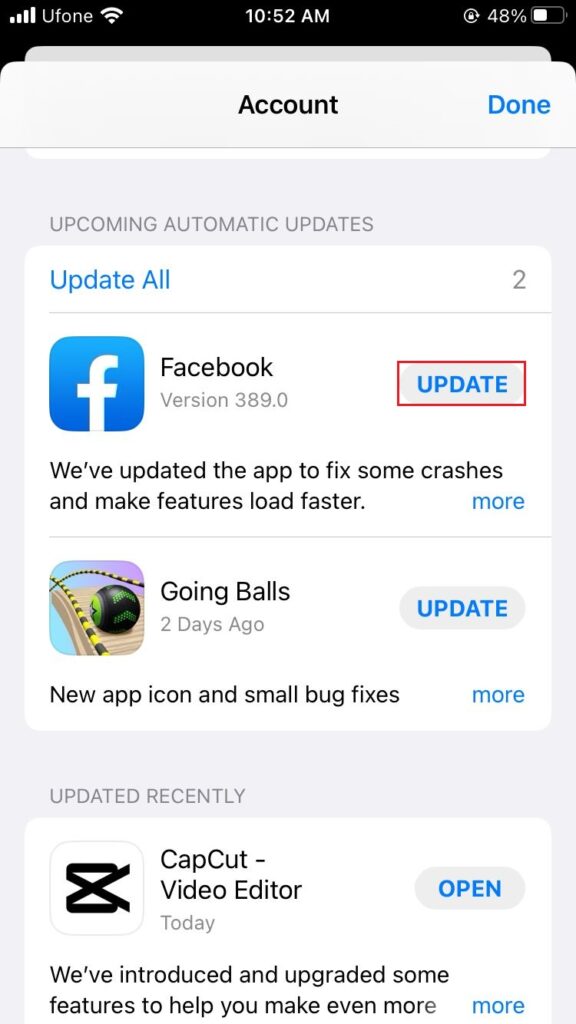 update facebook app 