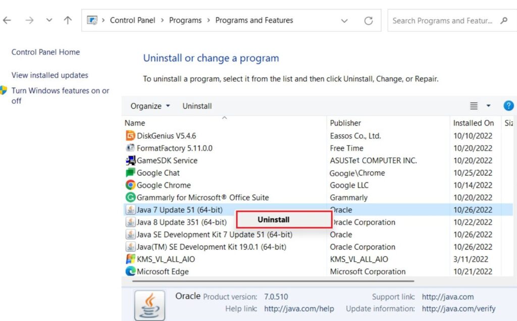 Uninstall Java on Windows 11