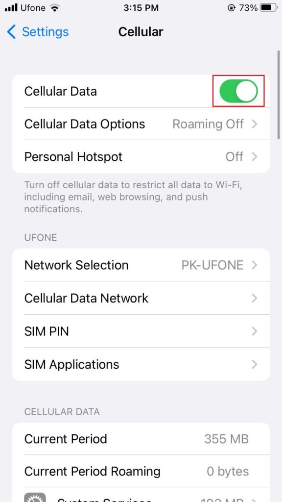 cellular data toggle on iphone