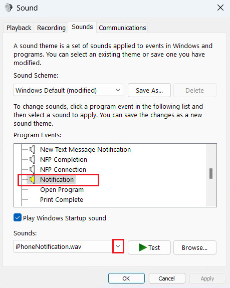 notification in sound settings