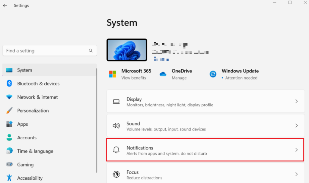 notifications in system settings