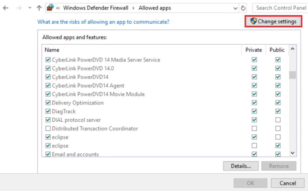 Windows Defender Firewall settings
