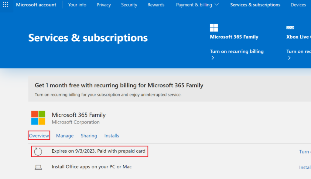 microsoft services and subscriptions page